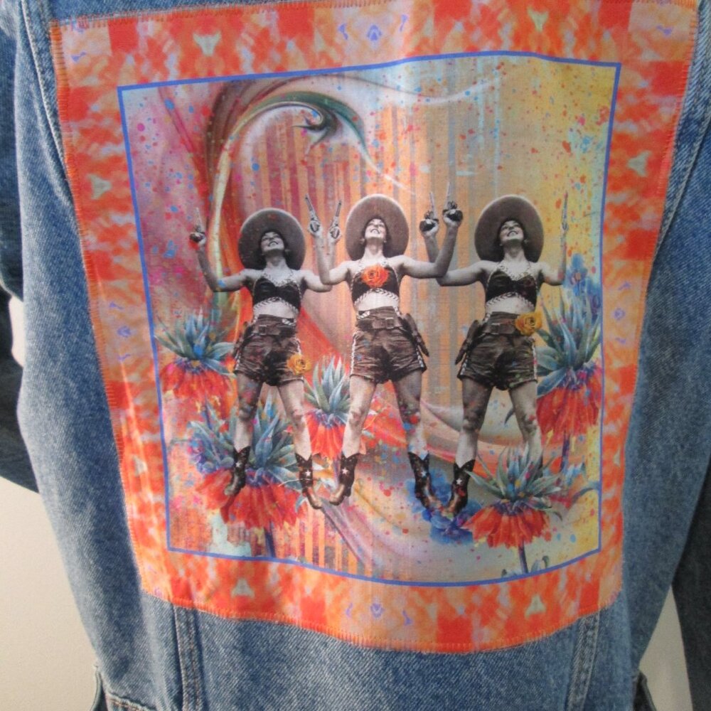 Boho Kantha Denim Jacket, Artisan Crafted Patchwork Distressed Jean Jacket M - Picture 9 of 10